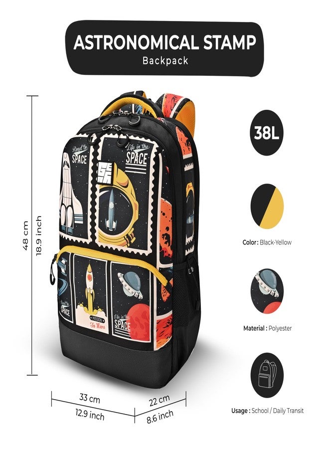 Gear Astronomical Stamp 4 Compartment Backpack 19"/38L Large Water Resistant School Bag/Casual 4 Compartment Backpack/Daypack/Kids Bag for Boys/Girls (Black-Yellow) - Image 2